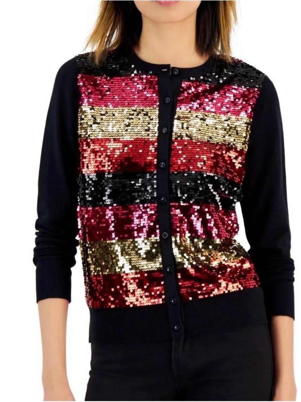Charter Club Black Cardigan with Red and Gold Sequin Stripes